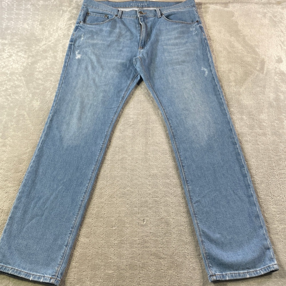 Mott Bow Jeans Slim Mens 38x32 Light Wash Distressed Casual Denim Whiskers
